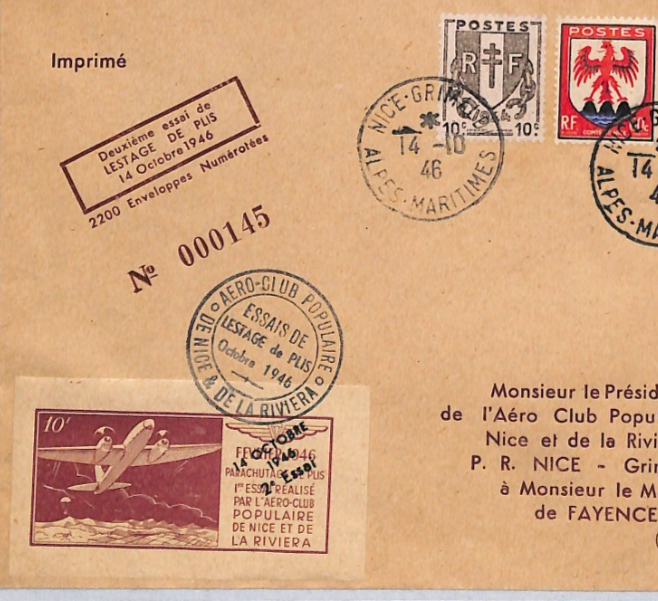 FRANCE Cover *PARACHUTE DROP* 1946 LABEL Test Flight Nice-Grimaldi Alps YZ266