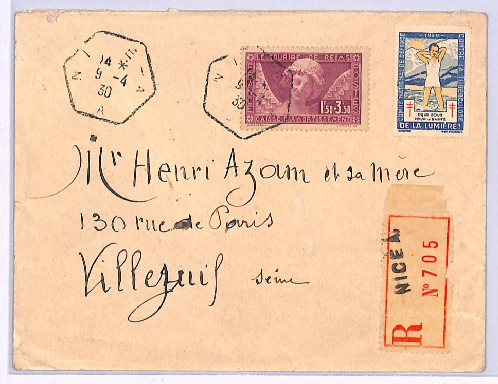 FRANCE Cover *SMILE OF REIMS* 1f50+3f50 Charity Stamp 1930 Nice HEX Cancel WZ382 - Image 3