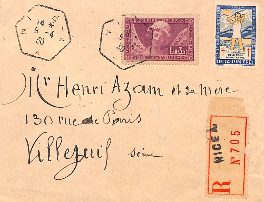 FRANCE Cover *SMILE OF REIMS* 1f50+3f50 Charity Stamp 1930 Nice HEX Cancel WZ382 - Image 9