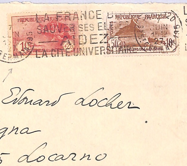 FRANCE Cover *WAR ORPHANS* Charity Stamps 1f+25c HIGH VALUE 1927 Locarno WZ409