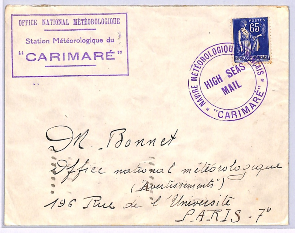 FRANCE METEOROLOGY Cover 65c WEATHER SHIP *CARIMARE* Cachet 1938 Maritime WZ366 - Image 2