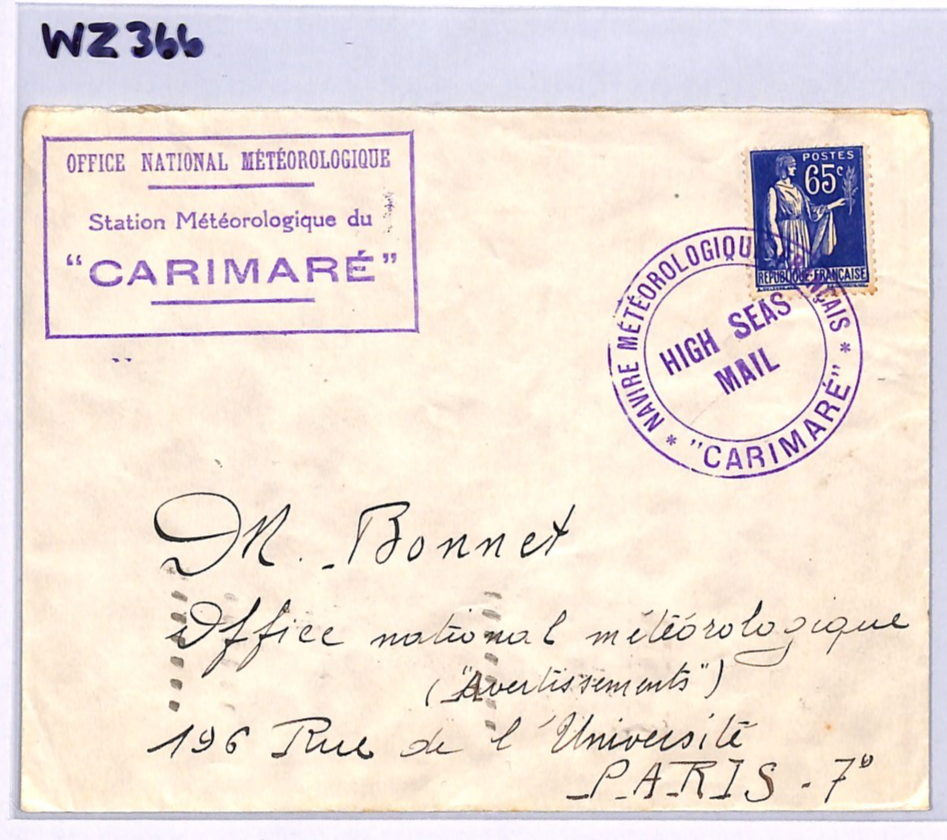 FRANCE METEOROLOGY Cover 65c WEATHER SHIP *CARIMARE* Cachet 1938 Maritime WZ366 - Image 4
