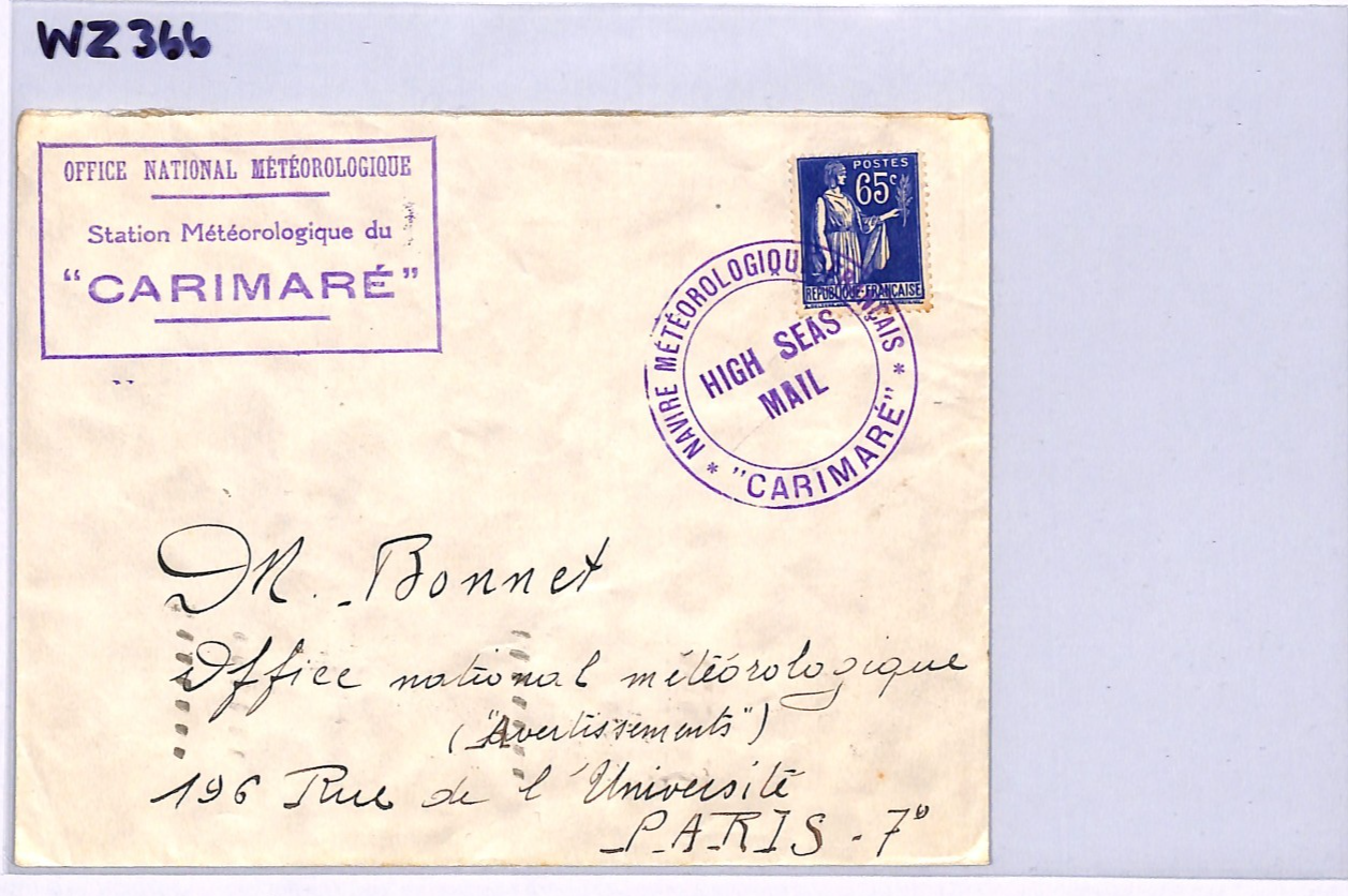 FRANCE METEOROLOGY Cover 65c WEATHER SHIP *CARIMARE* Cachet 1938 Maritime WZ366 - Image 9
