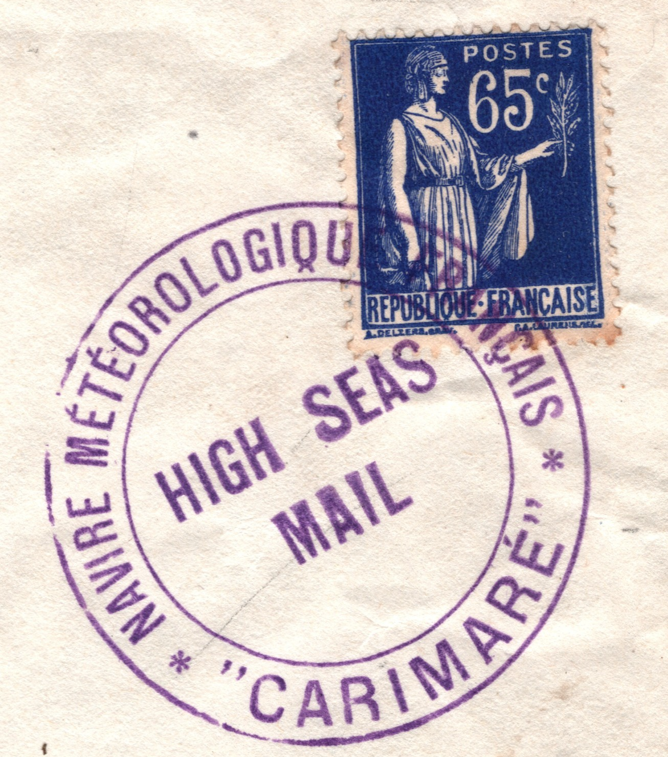 FRANCE METEOROLOGY Cover 65c WEATHER SHIP *CARIMARE* Cachet 1938 Maritime WZ366