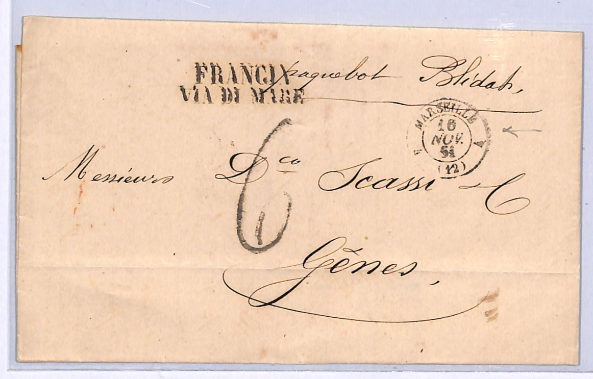 FRANCE Maritime ITALY Cover 1861 *PAQUEBOT BLIDAH* Genova Ship Letter WO87 - Image 3