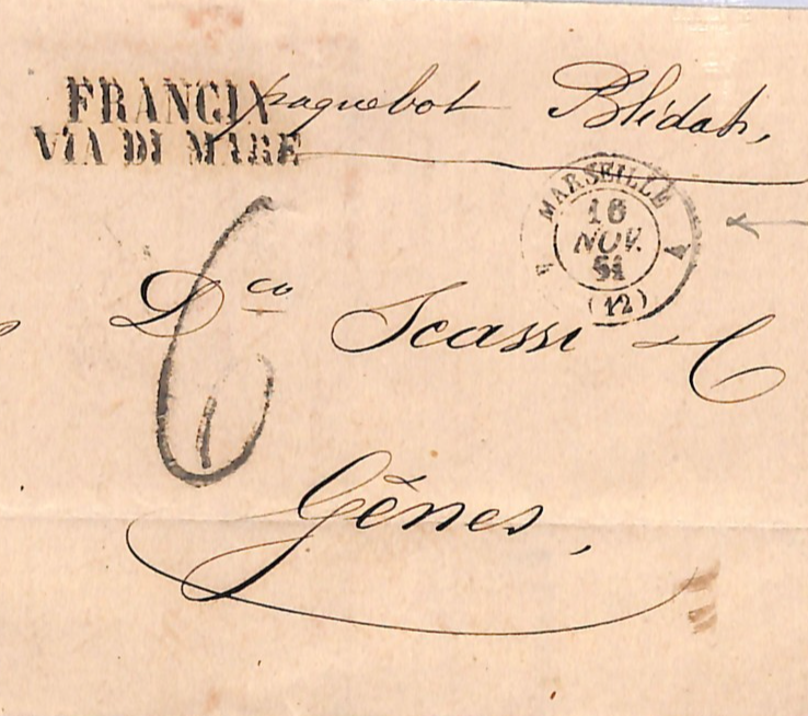 FRANCE Maritime ITALY Cover 1861 *PAQUEBOT BLIDAH* Genova Ship Letter WO87