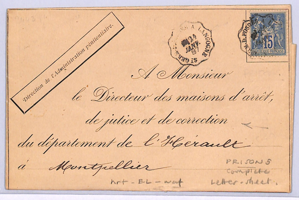FRANCE Official Cover *PRISON LETTERSHEET* Montpellier 1887 {samwells}WD347 - Image 3