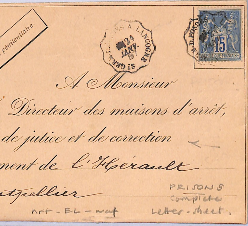 FRANCE Official Cover *PRISON LETTERSHEET* Montpellier 1887 {samwells}WD347