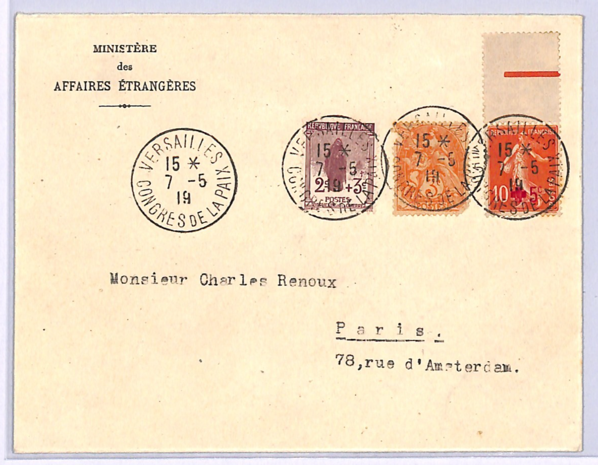 FRANCE Official Cover *VERSAILLES PEACE CONGRESS* CDS (WW1) 1919 Ministry WD316 - Image 3