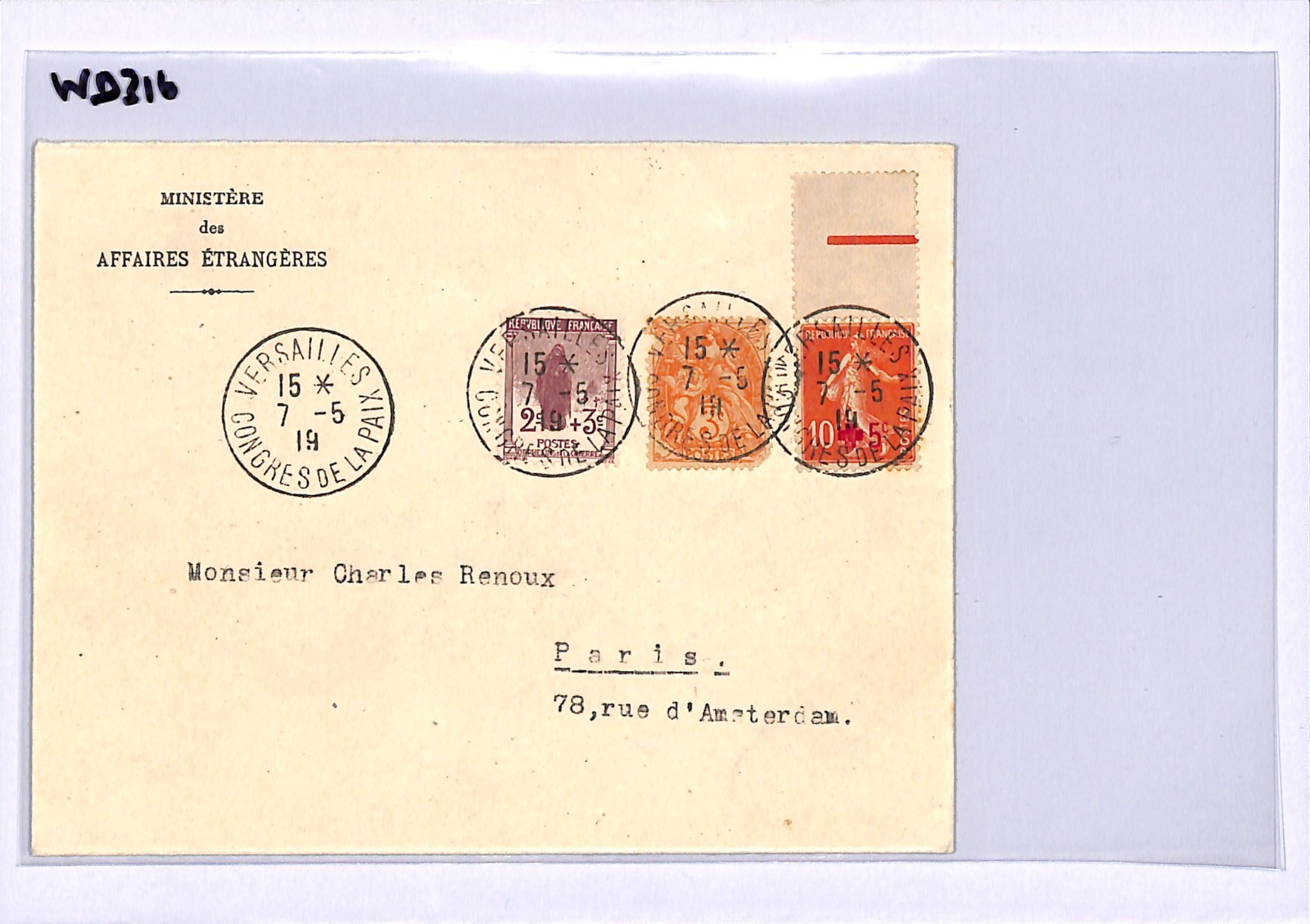 FRANCE Official Cover *VERSAILLES PEACE CONGRESS* CDS (WW1) 1919 Ministry WD316 - Image 6