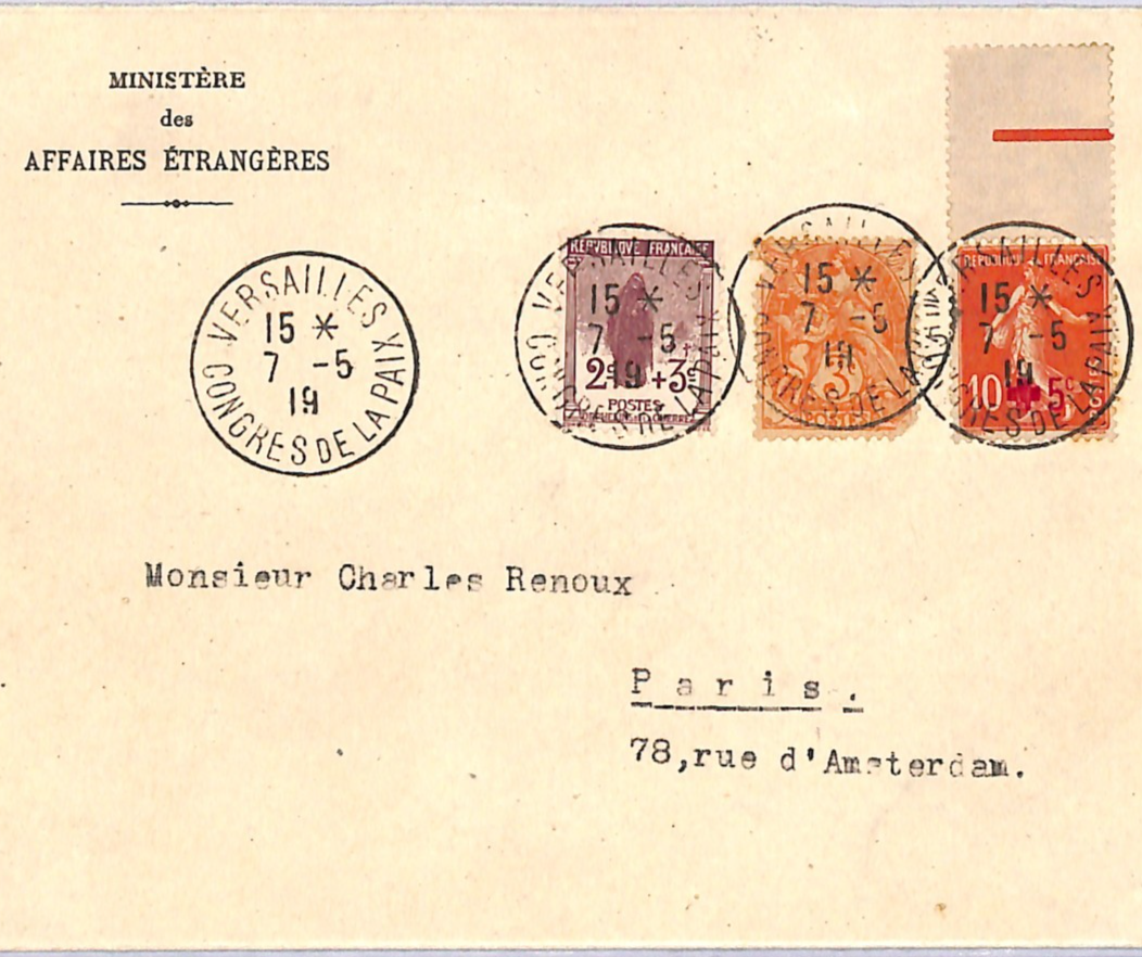 FRANCE Official Cover *VERSAILLES PEACE CONGRESS* CDS (WW1) 1919 Ministry WD316