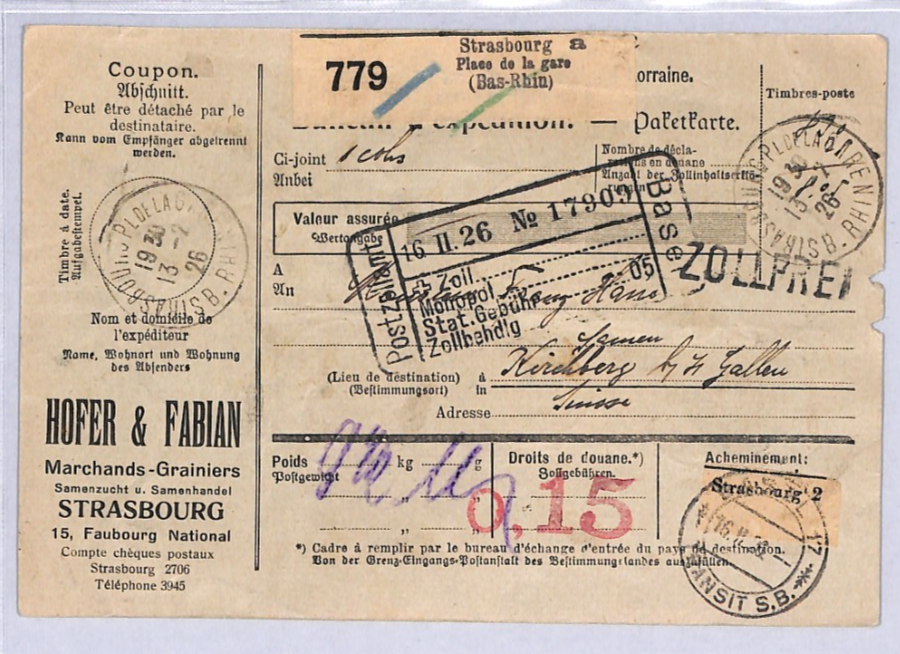 FRANCE PARCEL POST LABEL Strasbourg 1927 Switzerland {samwells-covers}YW433 - Image 4
