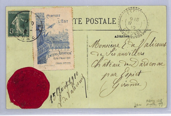 FRANCE PIONEER AVIATION Postcard CIRCUIT DE L'EST Label Amiens Espiet 1910 XF265 - Image 3