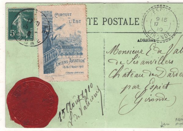 FRANCE PIONEER AVIATION Postcard CIRCUIT DE L'EST Label Amiens Espiet 1910 XF265
