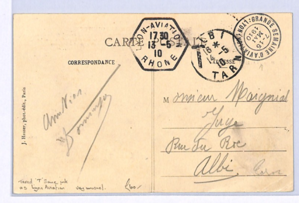 FRANCE Postcard GRANDE SEMAINE D'AVIATION LYON 1910 Albi TAXE{Samwells}XF268 - Image 3