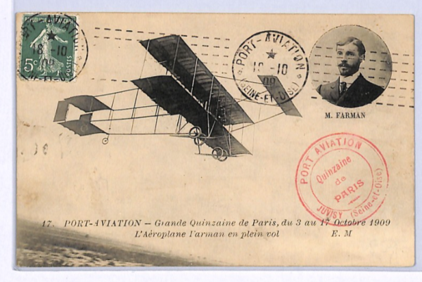 FRANCE Postcard PIONEER Farman Biplane 1909 *PORT AVIATION/PARIS* Cachet XF277 - Image 4