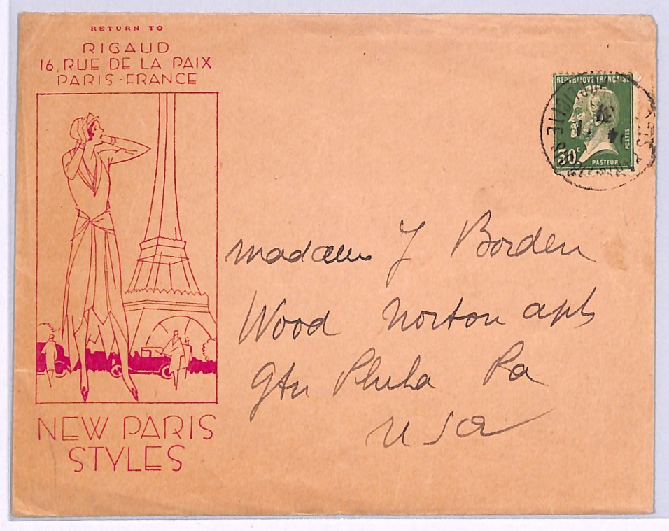 FRANCE Rigaud ADVERT Cover *PARIS FASHION* New Styles 30c PASTEUR 1931 USA WZ410