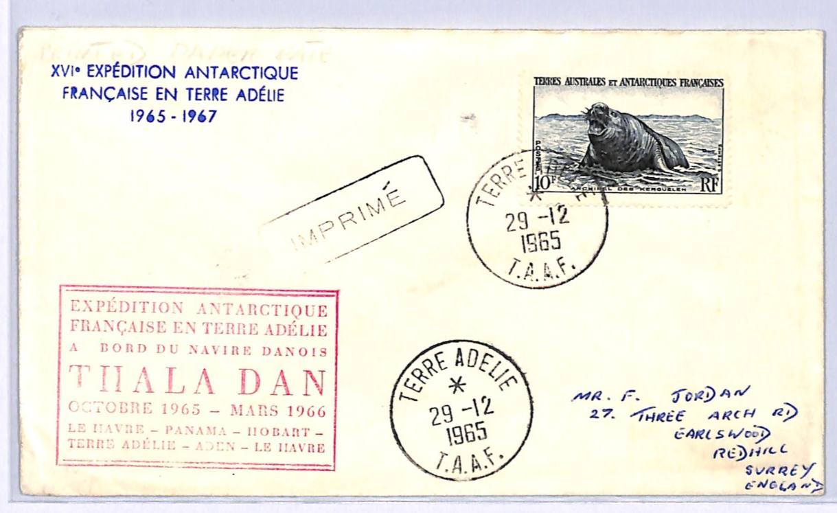 FRANCE TAAF ANTARCTICA Cover Terre Adelie 1965 EXPEDITION Ship THALA DAN VF23 - Image 3