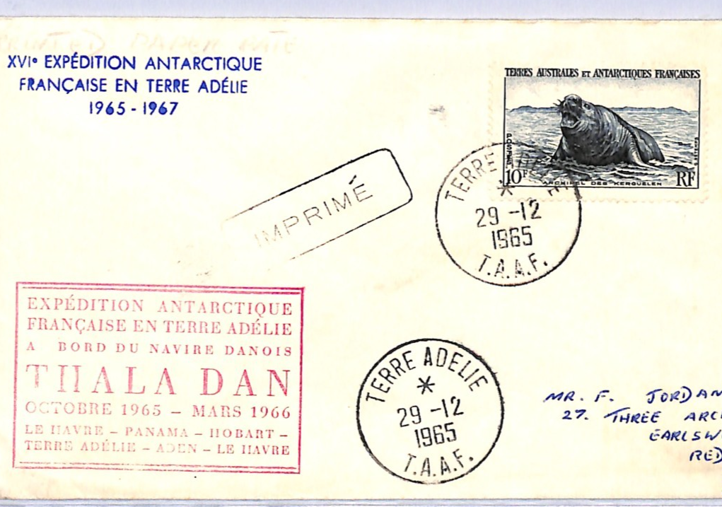 FRANCE TAAF ANTARCTICA Cover Terre Adelie 1965 EXPEDITION Ship THALA DAN VF23