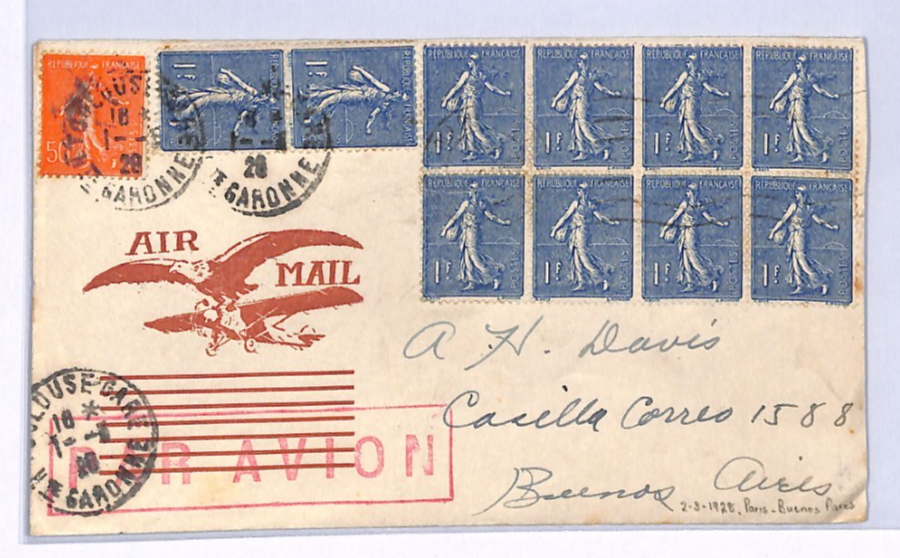 FRANCE *TRANSATLANTIC* Air Mail 1928 Cover ARGENTINA 1f Sower Block{8} XF229 - Image 3