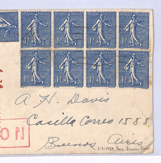 FRANCE *TRANSATLANTIC* Air Mail 1928 Cover ARGENTINA 1f Sower Block{8} XF229 - Image 5