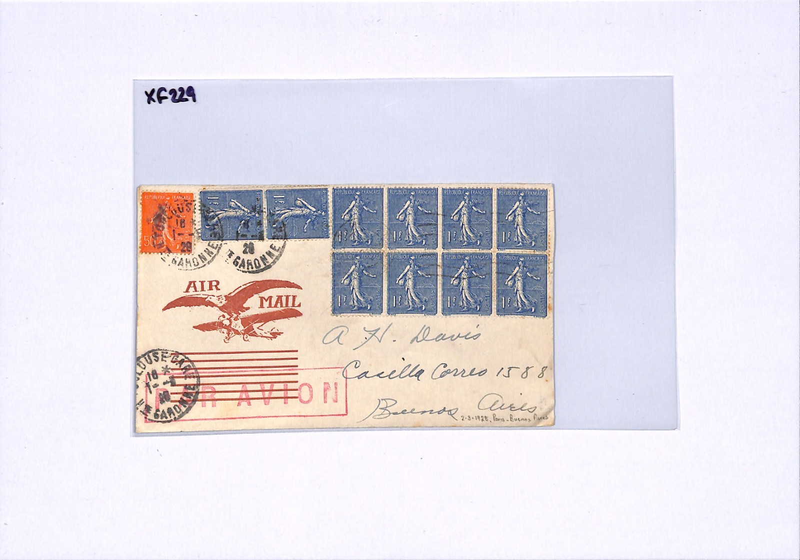 FRANCE *TRANSATLANTIC* Air Mail 1928 Cover ARGENTINA 1f Sower Block{8} XF229 - Image 7