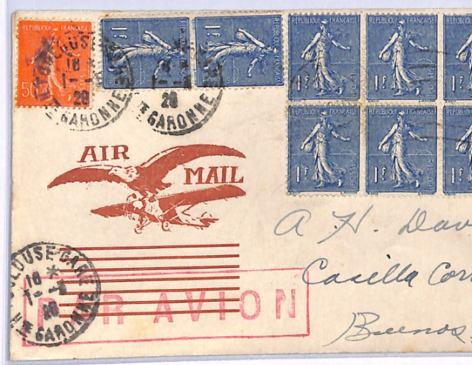 FRANCE *TRANSATLANTIC* Air Mail 1928 Cover ARGENTINA 1f Sower Block{8} XF229