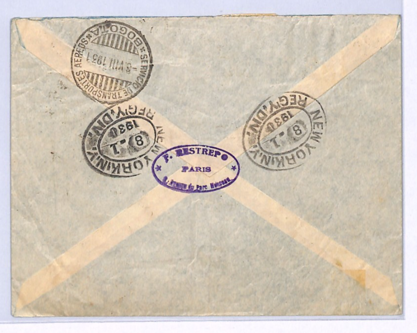FRANCE TRANSATLANTIC Air Mail 20f Rate Cover Paris Reg COLOMBIA Bogota XF237 - Image 3