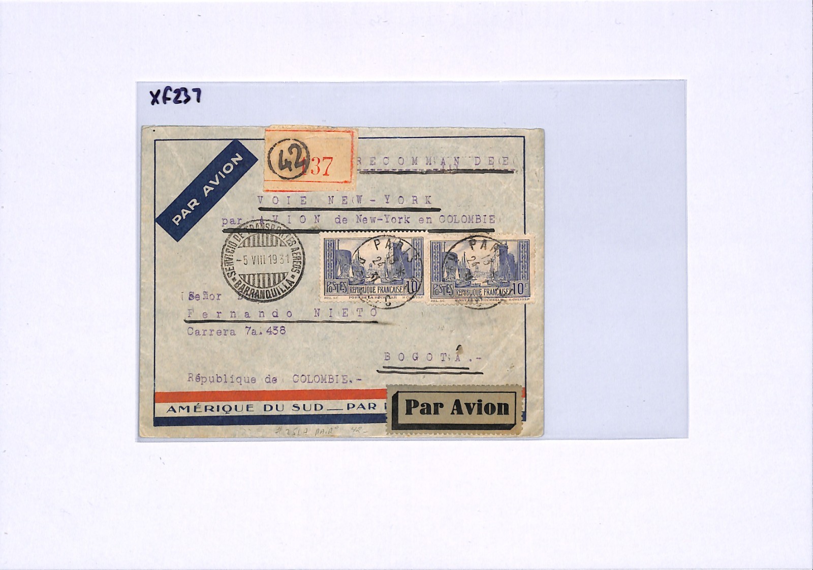FRANCE TRANSATLANTIC Air Mail 20f Rate Cover Paris Reg COLOMBIA Bogota XF237 - Image 4