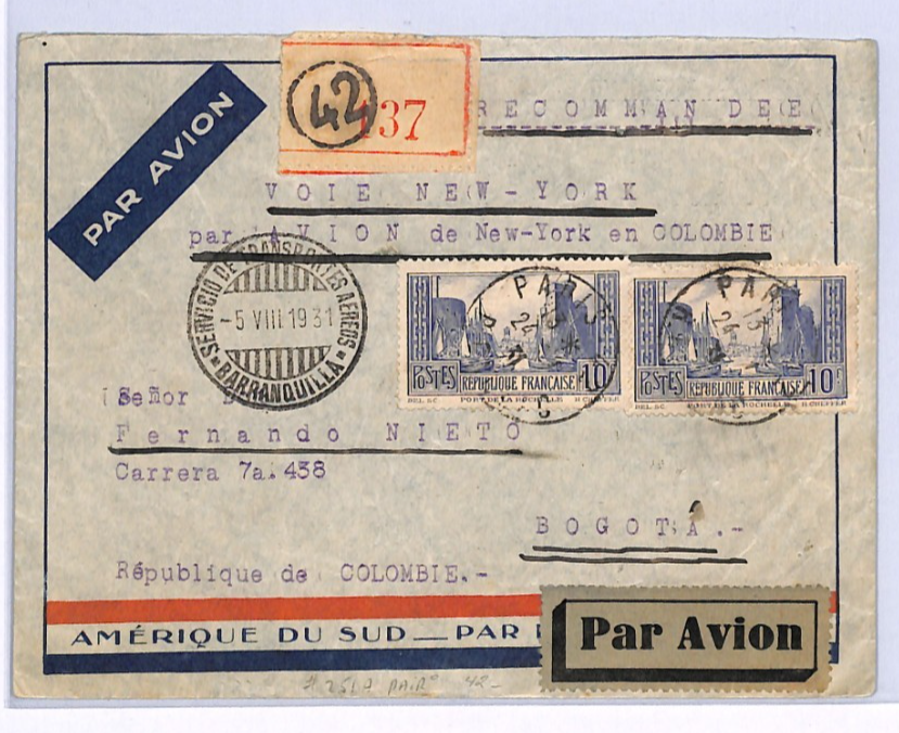 FRANCE TRANSATLANTIC Air Mail 20f Rate Cover Paris Reg COLOMBIA Bogota XF237