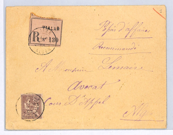 FRANCE USED ABROAD ALGERIA Cover 20c RIGHTS *Vialar* 1903 CDS Registered WX120 - Image 4