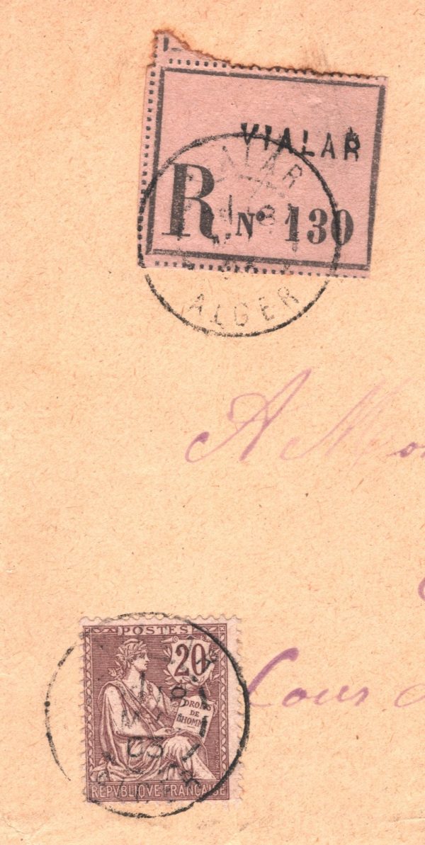 FRANCE USED ABROAD ALGERIA Cover 20c RIGHTS *Vialar* 1903 CDS Registered WX120 - Image 7