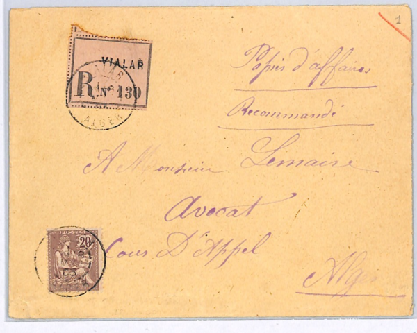 FRANCE USED ABROAD ALGERIA Cover 20c RIGHTS *Vialar* 1903 CDS Registered WX120 - Image 8