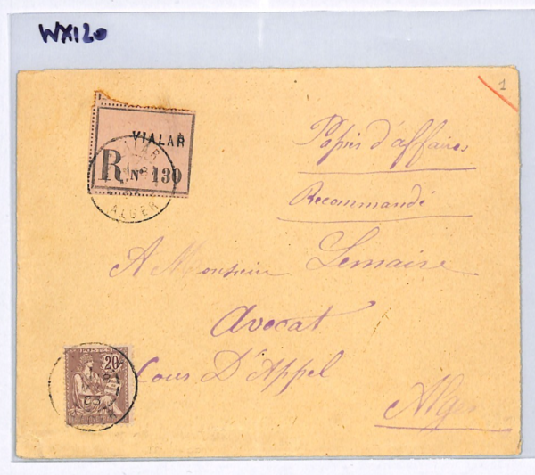 FRANCE USED ABROAD ALGERIA Cover 20c RIGHTS *Vialar* 1903 CDS Registered WX120 - Image 9