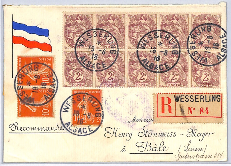 FRANCE WW1 Cover PATRIOTIC *FLAG* Alsace SOWER Censor Reg 1916 2c Block WZ246