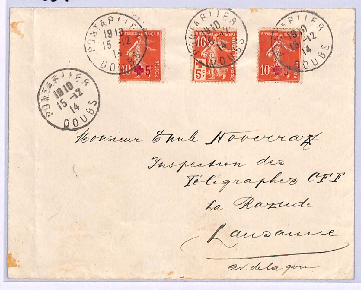 FRANCE WW1 Cover RED CROSS Sower MIXED FRANKING Surcharges 1914 Pontarlier WD339 - Image 3