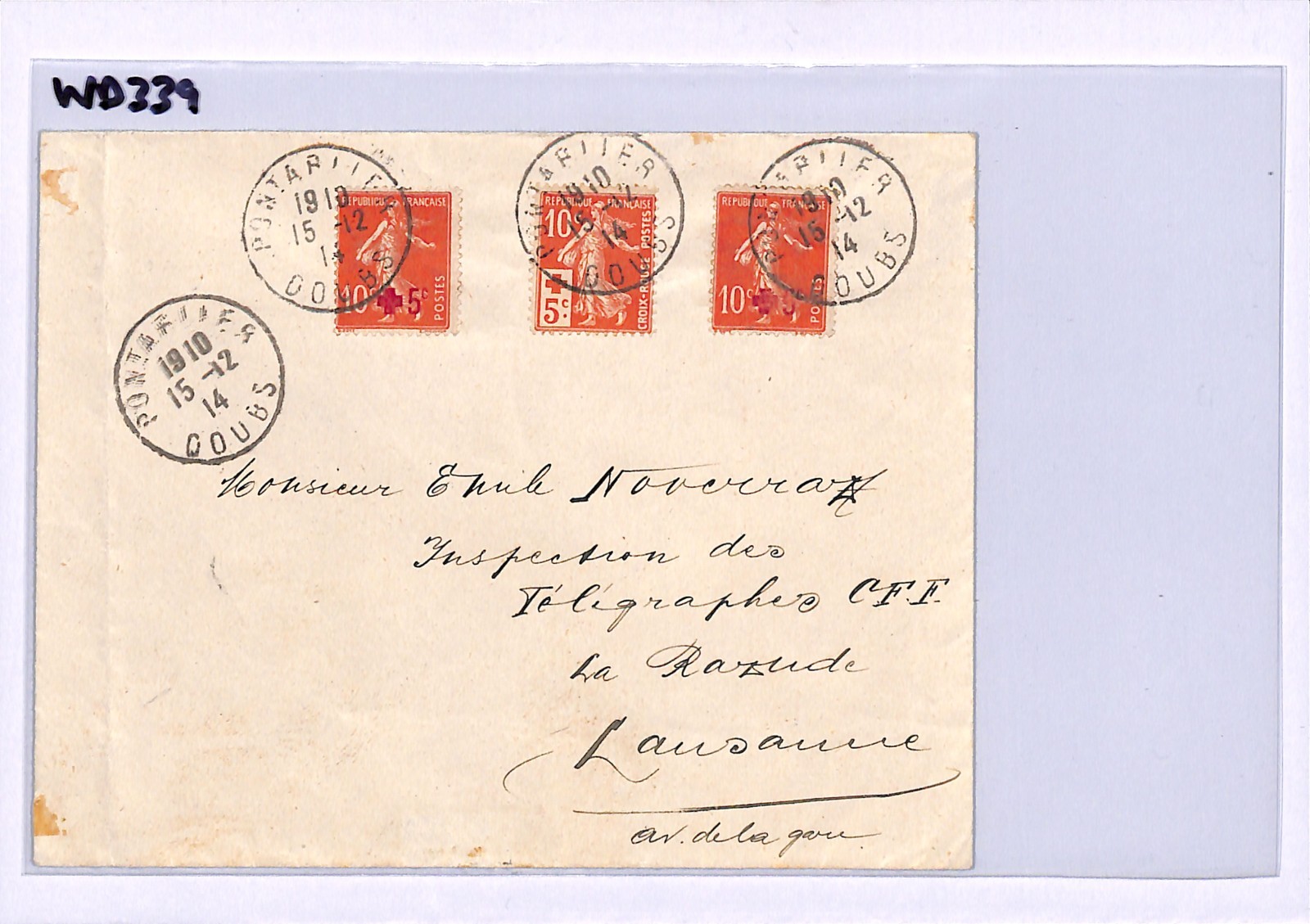 FRANCE WW1 Cover RED CROSS Sower MIXED FRANKING Surcharges 1914 Pontarlier WD339 - Image 5