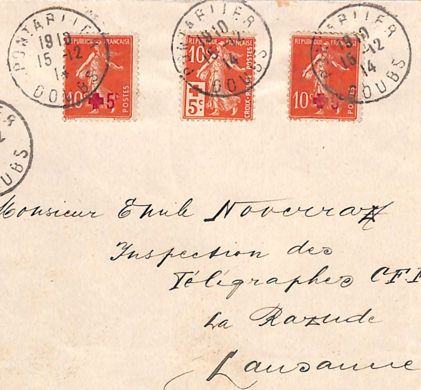 FRANCE WW1 Cover RED CROSS Sower MIXED FRANKING Surcharges 1914 Pontarlier WD339