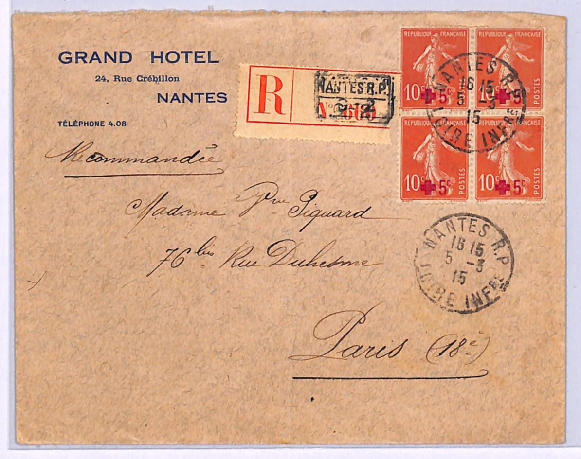 FRANCE WW1 Cover *RED CROSS* Surcharge (1914) BLOCK Nantes Reg 1915 Hotel WD336 - Image 3