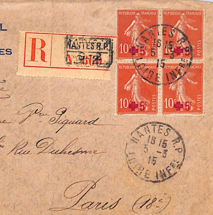 FRANCE WW1 Cover *RED CROSS* Surcharge (1914) BLOCK Nantes Reg 1915 Hotel WD336