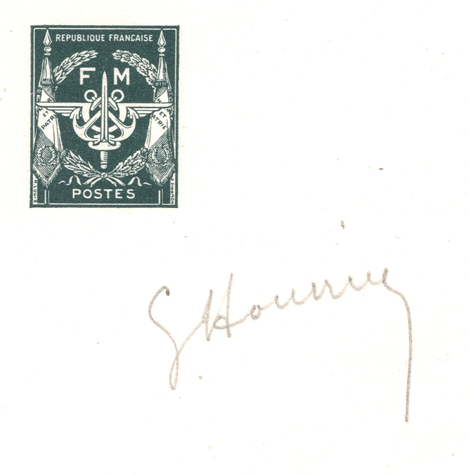 FRANCE WW2 Military Frank *FM* Stamp ESSAY/DIE PROOF Signed Designer? H34.1 - Image 3