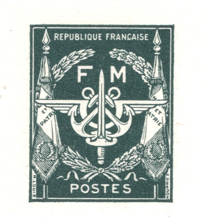 FRANCE WW2 Military Frank *FM* Stamp ESSAY/DIE PROOF Signed Designer? H34.1