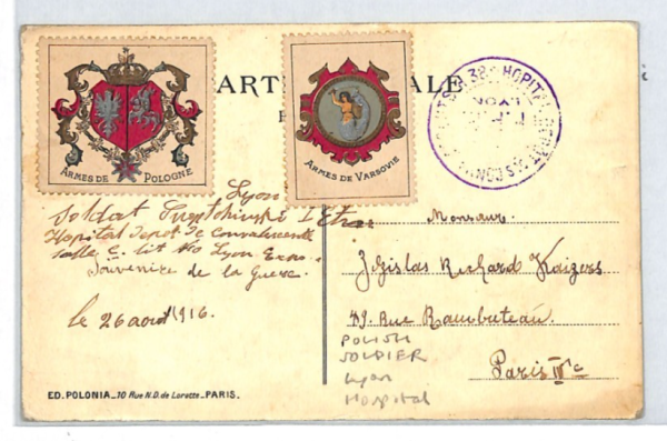FRANCE/POLAND WW1 Card Lyon *VIVE LA POLOGNE* Labels Hospital Paris 1916 XT173 - Image 3