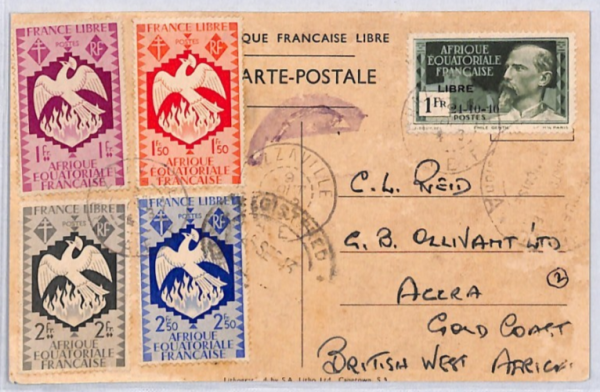 FRENCH CONGO *LIBRE* Reg'd DE GAULLE Postcard WW2 Brazzaville 1943 Accra YF224
