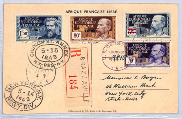 FRENCH CONGO *LIBRE* WW2 Stamps DE GAULLE Postcard France Cols 1943 Censor YF223