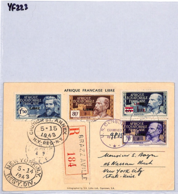 FRENCH CONGO *LIBRE* WW2 Stamps DE GAULLE Postcard France Cols 1943 Censor YF223 - Image 8