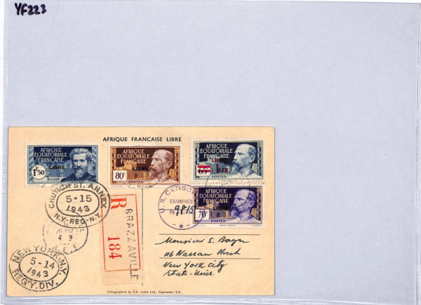 FRENCH CONGO *LIBRE* WW2 Stamps DE GAULLE Postcard France Cols 1943 Censor YF223 - Image 10