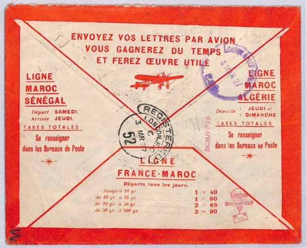 FRENCH MOROCCO Air Mail Cover *Casablanca Port*Reg 1927 France Cols London YF287 - Image 3