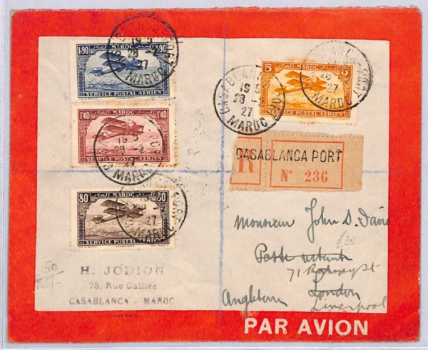 FRENCH MOROCCO Air Mail Cover *Casablanca Port*Reg 1927 France Cols London YF287