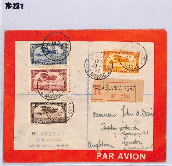 FRENCH MOROCCO Air Mail Cover *Casablanca Port*Reg 1927 France Cols London YF287 - Image 8
